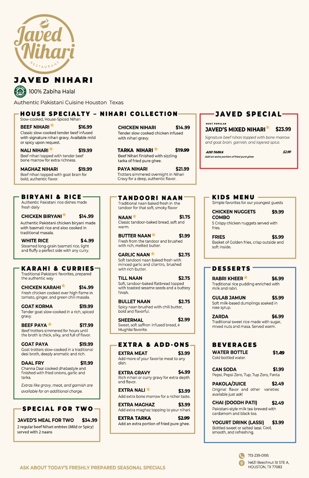Javed Nihari Full Menu